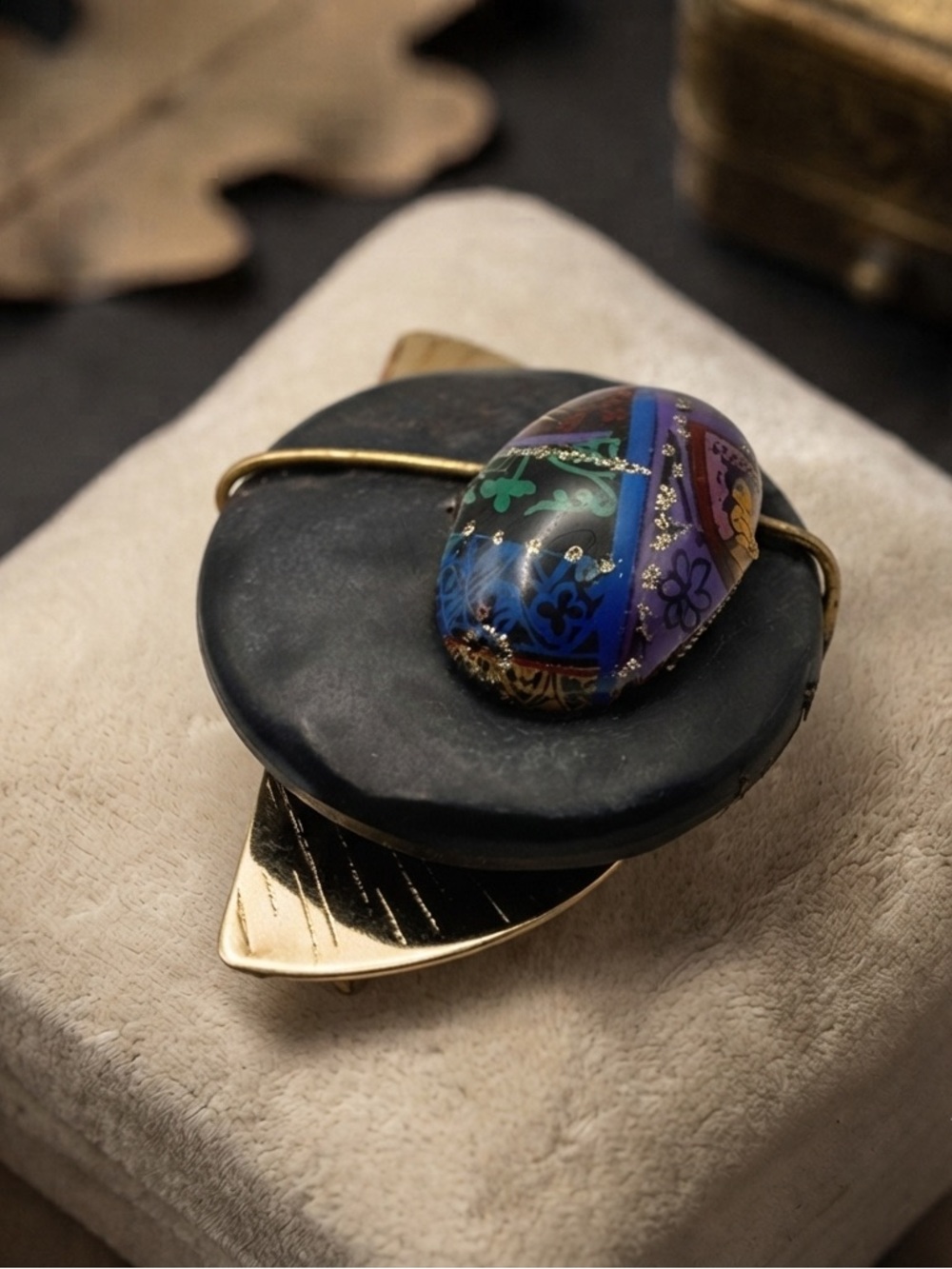 VTG 80s Artisan Mixed Media Brooch Pendant